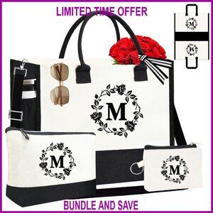 Personalized Monogram Canvas Tote Bag with Cosmetic & Card Pouch